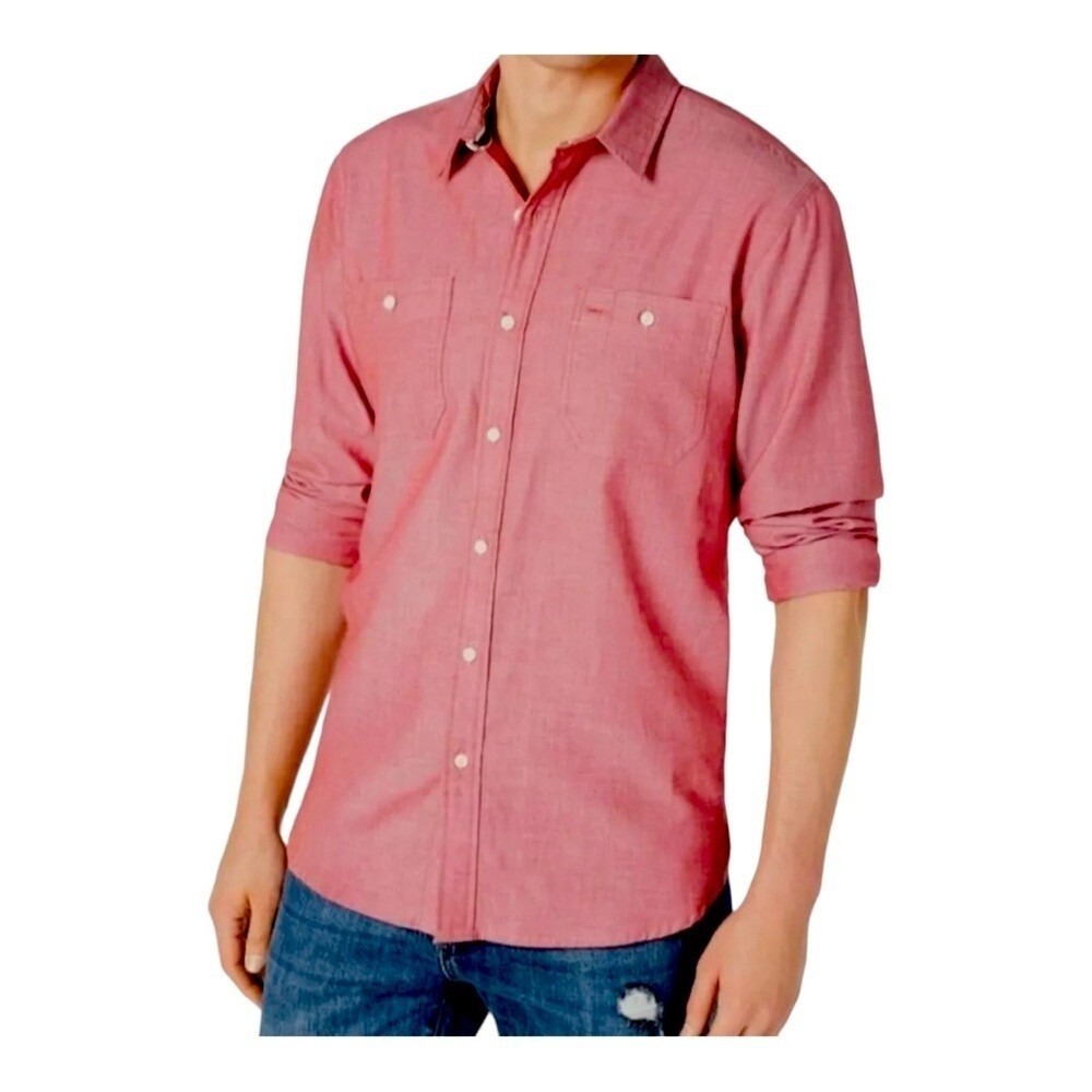 American Rag Mens XL Red Slub Cotton Button Down Shirt Epaulets Utility Military